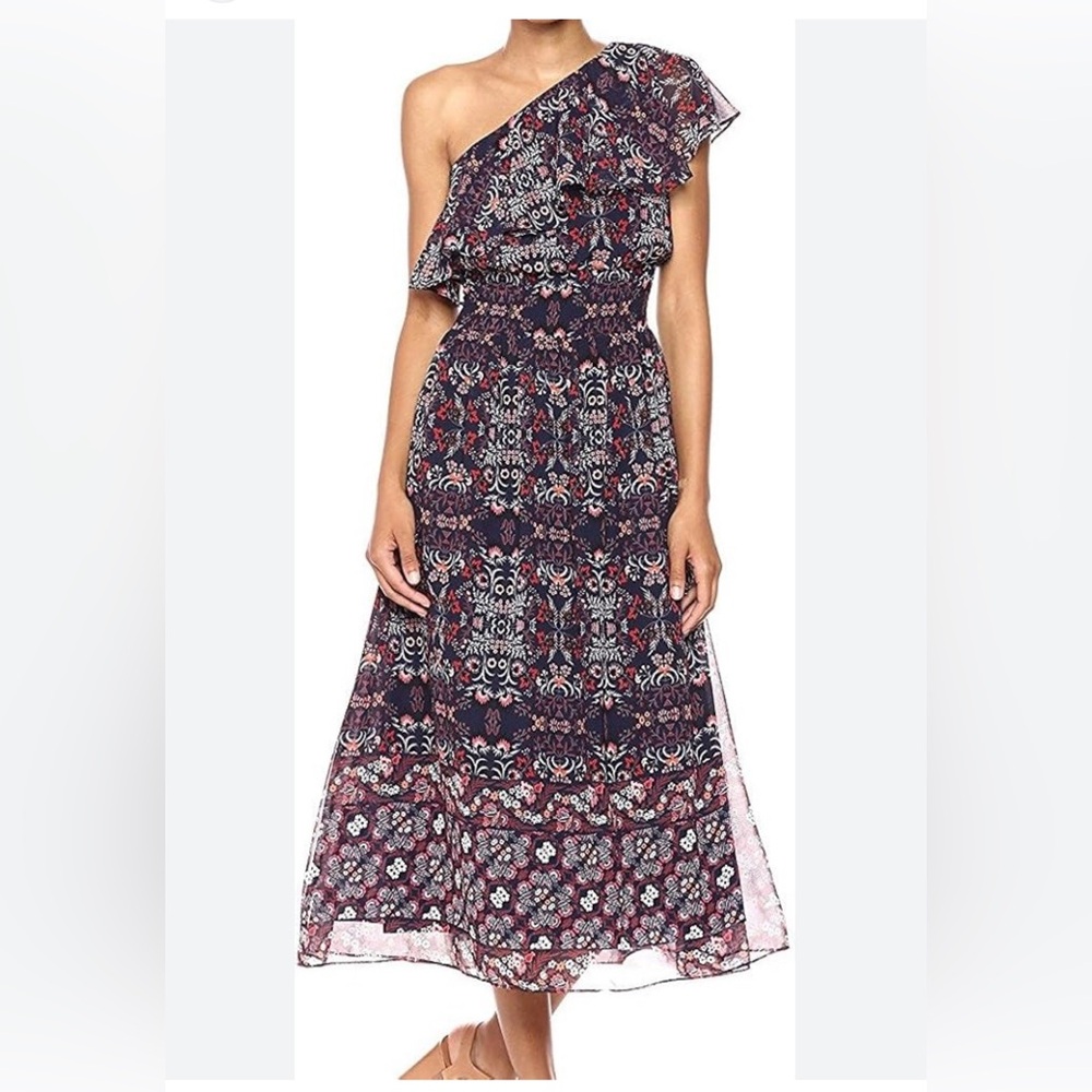 Vince Camuto one shoulder midi dress navy floral ruffle size 8 lined